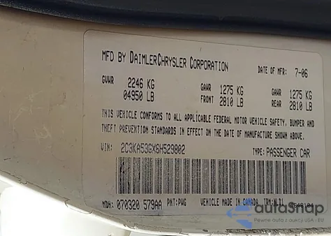 2006 Chrysler 300 z USA, uszkodzony, nr VIN 2C3K53GX6H529802